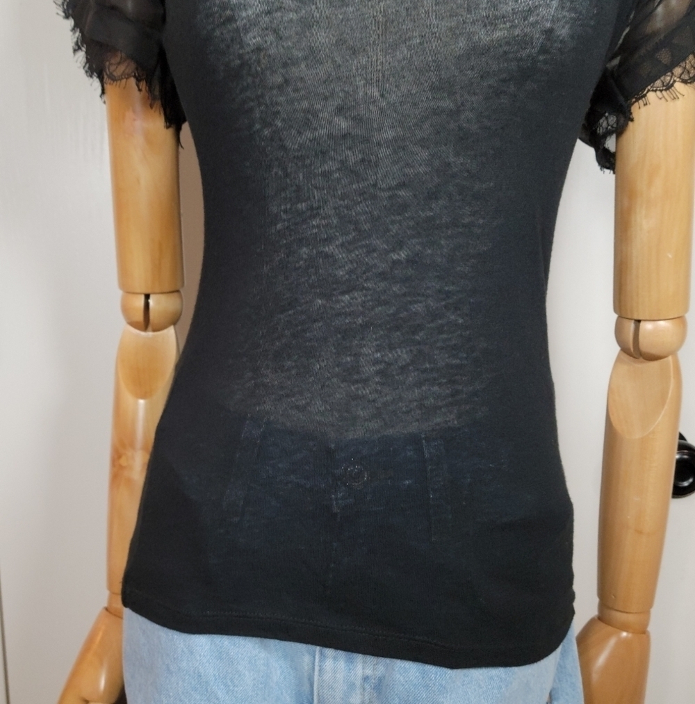 Alice + Olivia Black Sheer Sleeve Tee 100% Silk Detail Size XS - Picture 2 of 10
